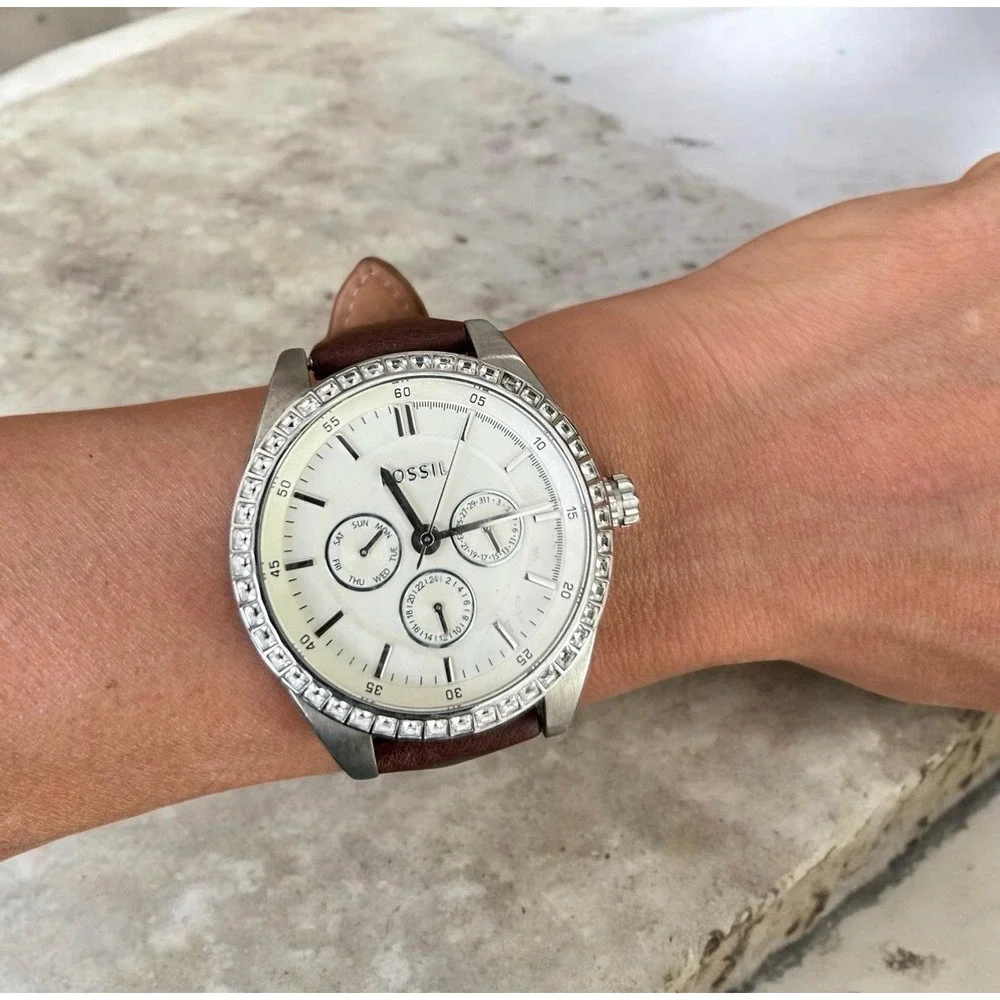 Fossil Caressa BQ3015 Women's 40mm Multifunction Crystal Bezel Leather Watch